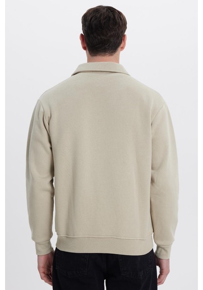 Tudors Unisex Relax Fit Rahat Kesim Pamuklu İçi Polarlı Fermuarlı Taş Polo Yaka Flato Cepli Sweatshirt Hırka-41969 Taş