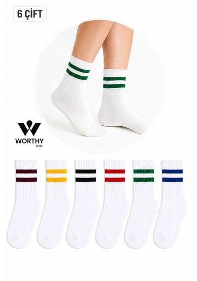 Worthy Socks 6'li Çizgili Unisex Pamuklu Tenis Kolej Çorap Beyaz