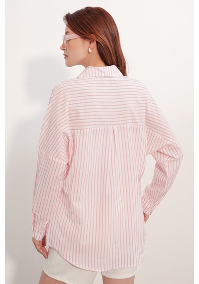 Bigdart Kadın Oversize Çizgili Gömlek 20412 - Pembe