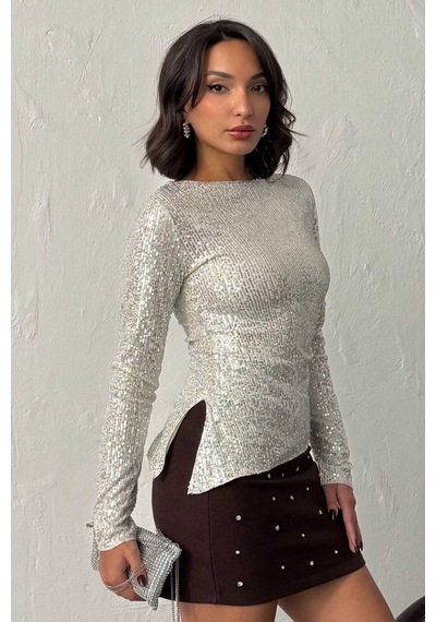 Verymoda Parlak Payetli Uzun Kollu Bluz - F2060 Taş