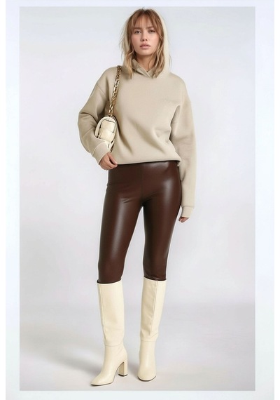Mamayaga Kadın 3 İplik Kalın Kapüşonlu Oversize Curve Kalıp Uzun Kol Sweatshirt Kazak Bej