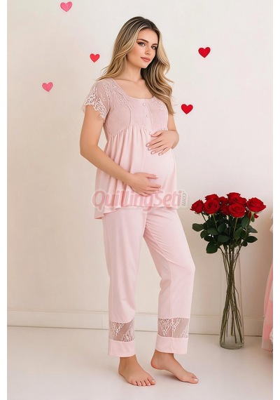 Lady Bebe Pembe Renkli Dantel Detaylı, 33200 Kısa Kol, 2 Parça Lohusa Hamile Pijama Takımı Açık Pembe
