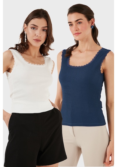 Lela Slim Fit Kalın Dantelli Kare Yaka Bürümcük 2'Li Paket Bayan Atlet 5864979S2 Ekru-Indigo