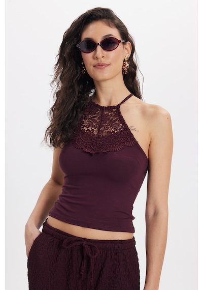 Tudors Kadın Slim Fit Dar Kesim Kolsuz Bisiklet Yaka Dantelli Sırt Detaylı Mürdüm Bluz-50573