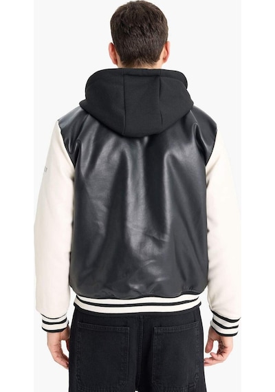 Defacto Regular Fit Kolej Yaka Çıkarılabilir Kapüşonlu Çıtçıtlı Suni Deri Bomber Mont E9972ax25aubk27 Siyah