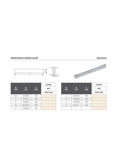 Fett 6x25 1'' X160mm Pld Dın4964e Hss Trapez Kesitli Kesme Kalemi