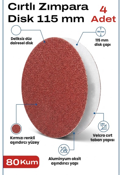 115 Mm Cırt Zımpara 80 Kum Disk Deliksiz Alüminyum Oksit 4 Adet
