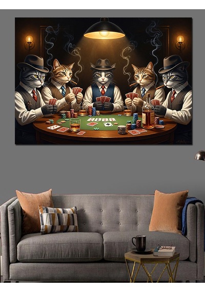 Ahşap Tablo Kumar Masasında Poker Oynayan Kediler Çiçek Resimli Tablolar