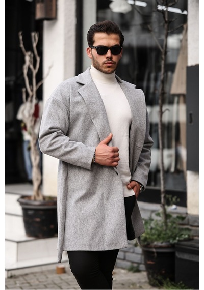 Mero Life Erkek Açık Gri Kemerli Oversize Rahat Kesim Kaşe Kaban Açık Gri