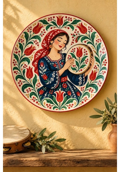 Dekoratif Duvar Tabağı Laleli Halk Masalı Dekorlu Seramik Tabak Metalik