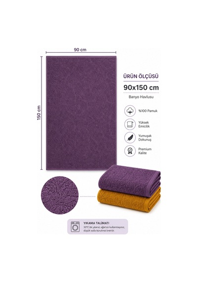 2'li Jakarlı Büyük Boy Banyo Havlusu 90x150 Cm %100 Pamuk Lorea 650 Gr Hardal-mor