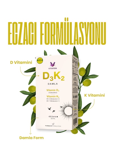D3k2 Damla - 20 Ml - 400 Damla - 1000 Iu D3 & 20 Mcg K2 - %100 Organik Zeytinyağı Bazlı