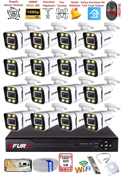 Fury 16 Kameralı 1080p Görüntü Gece Renkli Full Hd 4 X Ultra Led Gece Renkli Güvenlik Kamerası Seti 320gb