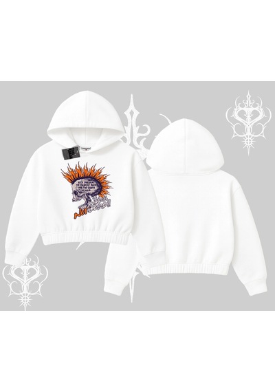 Kapşonlu Crop Sweatshirt Burning Skull Rebel Street Anthem Beyaz