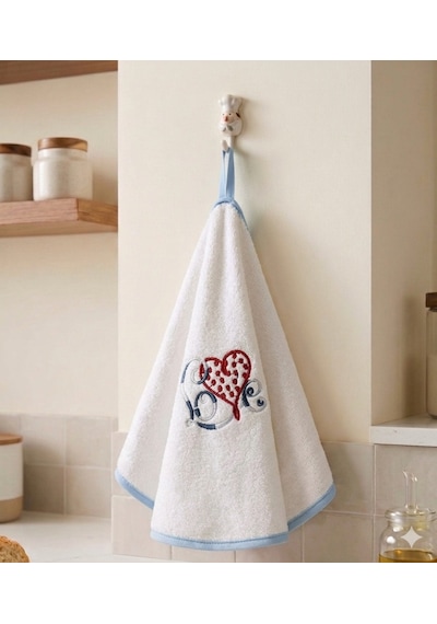 Pamuk Yuvarlak Mutfak Havlusu 50 Cm 2 Li Set Yüksek Emicilik, Askı Halkalı, Nakışlı Tasarım, Makinede Yıkanabilir Kurulama Bezi Beyaz