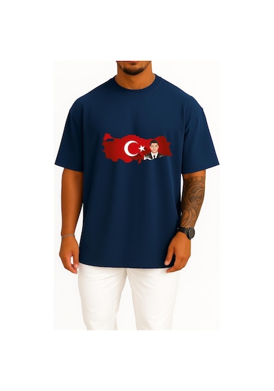 Bahriyeli Collection Oversize Ömer Halis Demir Ve Türkiye Göğüs Tasarımlı Unisex T-shirt Lacivert