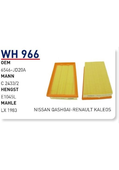 WUNDER WH966 HAVA FİLTRESİ - RENAULT KALEOS 2,0 DCİ