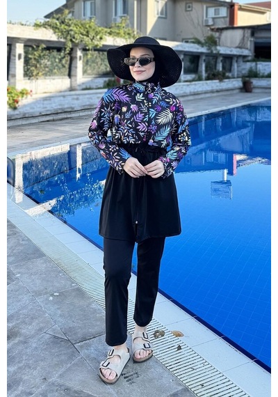 Hmm Swimwear Tam Kapalı Dokuma Tesettür Mayo T244-249 Siyah