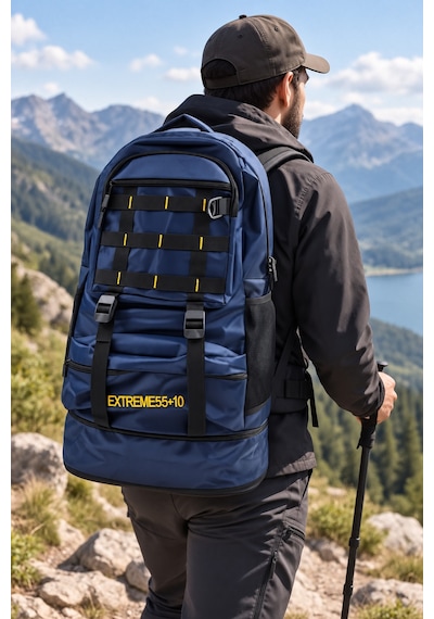 Dağcı Çantası Kolonlu Mavi Outdoor Trekking Sırt Çantası 57x37x19 Cm Desenli