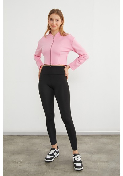 Fullamoda Fermuarlı Hakim Yaka Crop Spor Ceket Pembe