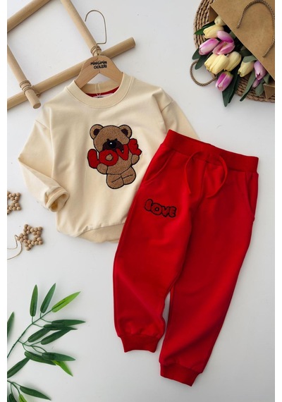 Miniğimin Cicileri Love Bear Panç İşleme Detaylı Erkek Çocuk Takım - Kırmızı