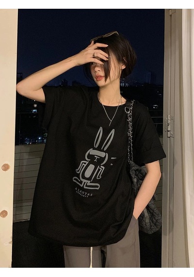 Flood Of Style Kadın Siyah Tavşan Baskılı Oversize T-shirt