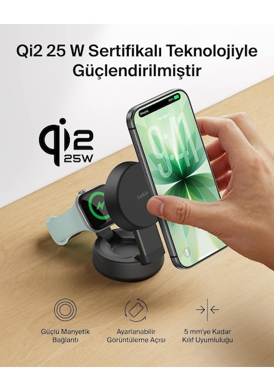 Ultracharge Pro 2 Si 1 Arada Qi2 Şarj İstasyonu 25 W, Siyah Çok Renkli