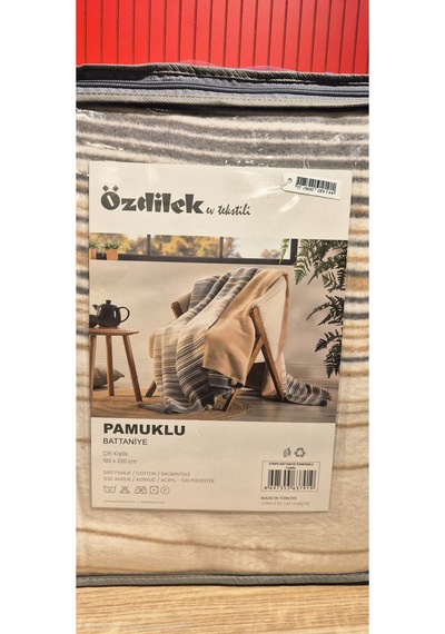 Battaniye Pamuk Stripe Ponponlu Çift Kişilik Camel