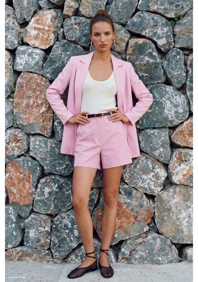 Sateen Keten Görünümlü Şort - Pembe-137761