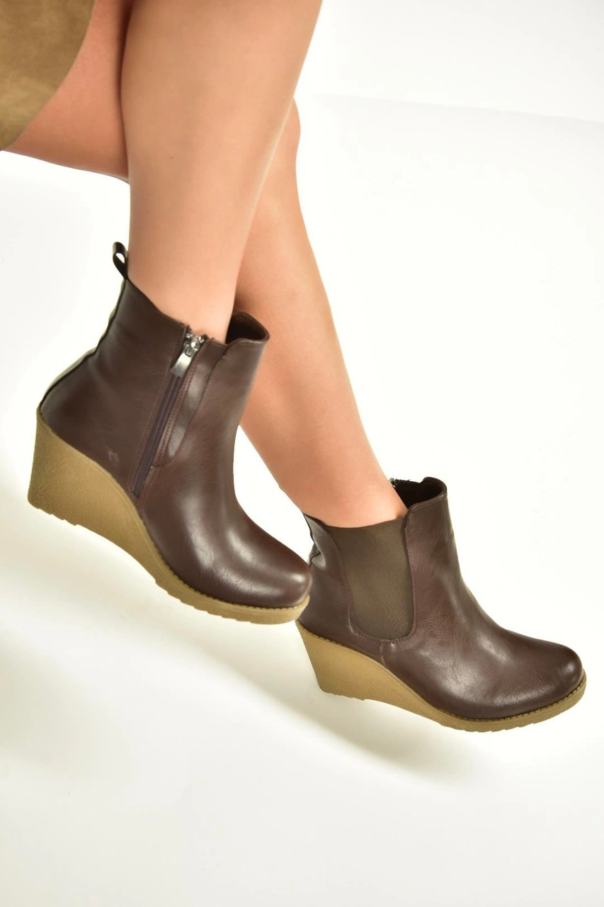 Fox Shoes V361197009 Kahverengi Dolgu Topuklu Kadın Bot Kahverengi-suni Deri