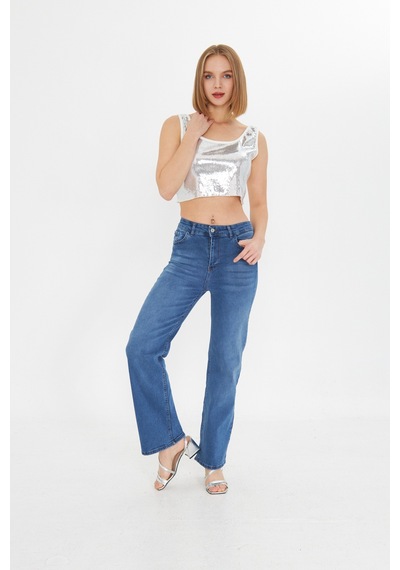 Kutaf Mavi Yüksek Bel Kar Yıkama Likralı Geniş Paça Palazzo Jeans Mavi