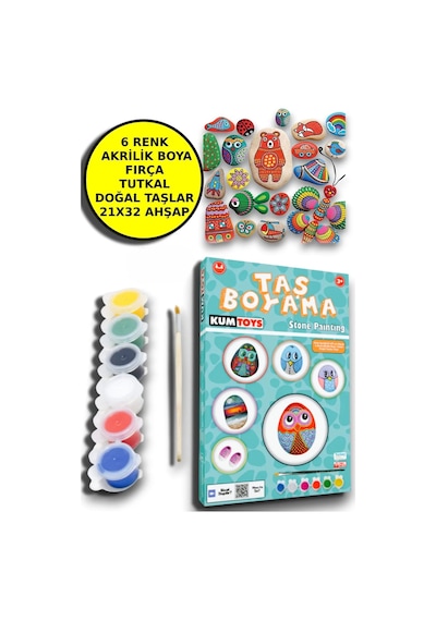 Taş Boyama Seti- Doğal Taşlar-akrilik Boya-fırça-ahşap Hepsi Bir Arada Muhteşem Set