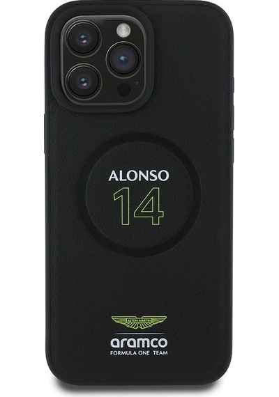 Apple Uyumlu iPhone 16 Pro Max Kılıf Aston Martin Lisanslı Magsafe Pu Deri Alonso 14 Baskılı Kapak Siyah