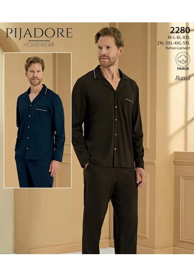 Pijadore Erkek %100 Pamuklu Önden Düğmeli Uzun Kollu Pijama Takımı 2280 Lacivert