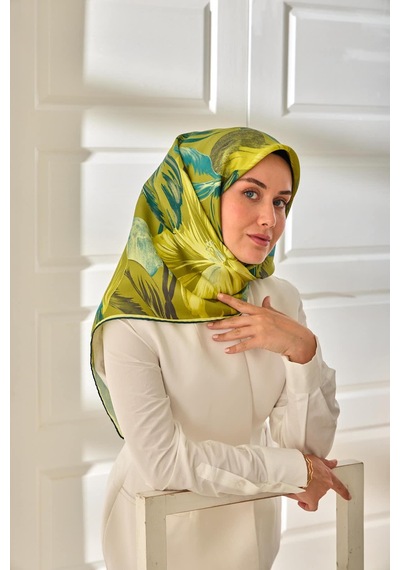 Silk Home Twill İpek Eşarp 11480-80 Yağ Yeşili, Asit, Butter Yellow, Petrol Yeşili