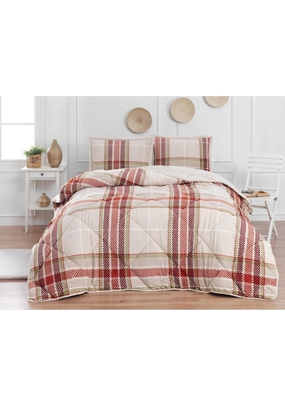 Merinos Comforter Çift Kişilik Yorgan Seti Kareli Kırmızı Çizgili 220x240 Kırmızı