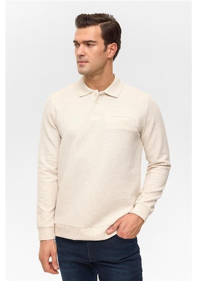 Süvari Bej Regular Armürlü Polo Yaka Sweatshirt Bej