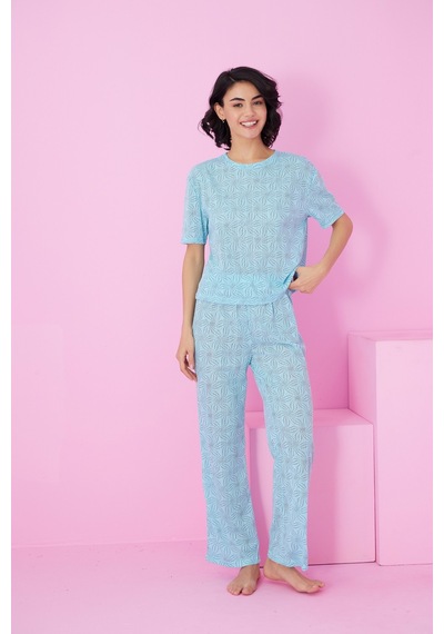 Siyah İnci Pointel Ajurlu/delikli Bisiklet Yaka Örme Pijama Takım mavi