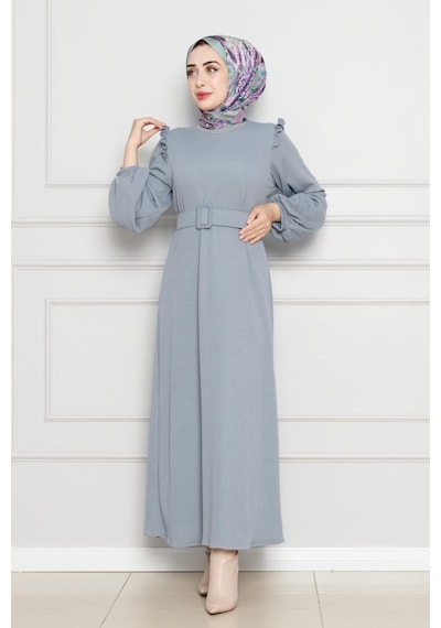 Sevitli Omuzu Fırfır Kemerli Elbise-gri-4562 Gri