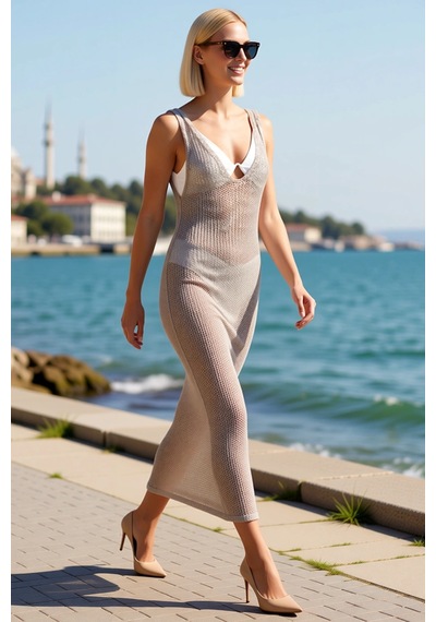 Benerly Kadın Kolsuz V Yaka Triko Maxi Plaj Elbisesi Bodycone Kesim Astar Taş