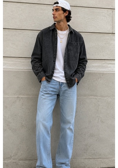 Erkek Regular Denim Gömlek Yıkamalı Kot Uzun Kollu Cepli Jean Gömlek Gümüş