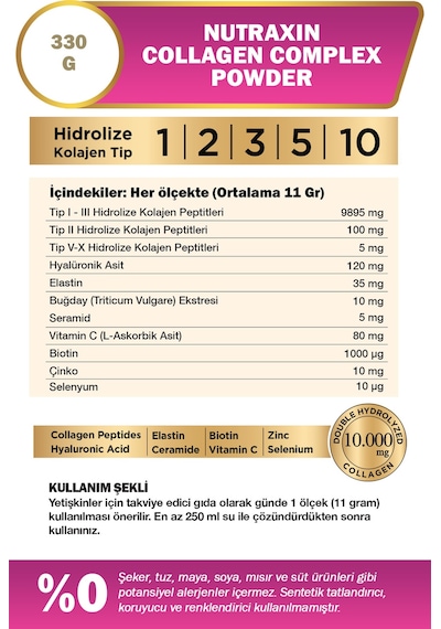 Nutraxin Collagen Complex Powder 330 Gr - Tip 1,2,3,5,10 Kolajen, Hyalüronik Asit, Selenyum, Seramid