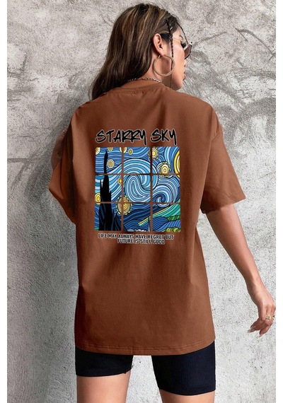 Starry Sky Baskılı Unisex Oversize Tshirt Kahverengi