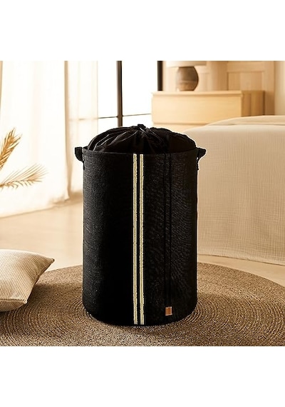 Ocean Home Textile Ağzı Büzgülü Çizgili Siyah Renk Jüt Çamaşır Sepeti 40 X 55 Cm Açık Bej