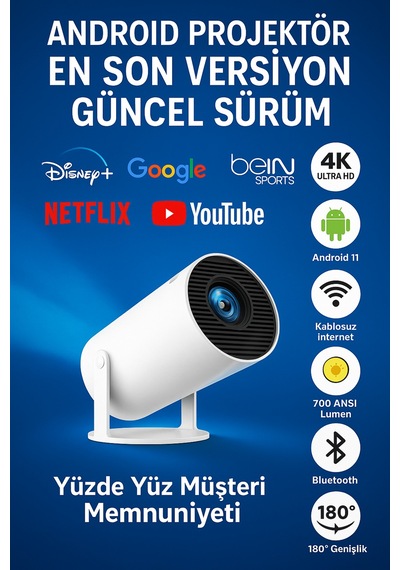 Android Taşınabilir Projeksiyon 50.000 Saat Led Ömürlü Wi-fi Hd Görüntü Kalitesi Beyaz
