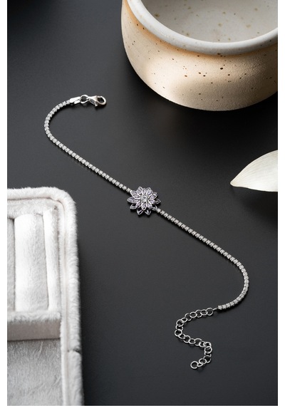 Çekirdekjewelry 925 Ayar Gümüş Mortaşli Lotus Çiçeği Figürlü Işıltılı Bileklik Gri