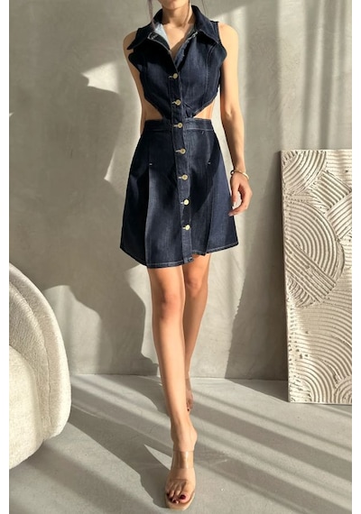 Nido Moda Kadın Yaka Detaylı Cut-out Mini Denim Elbise Lacivert