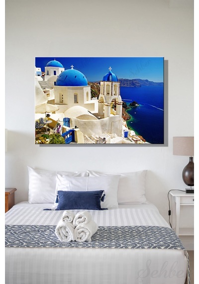 Kanvas Duvar Tablosu Yatay Tekli Salon Mutfak Yatak Odası Ofis Santorini Adası Mavi Kubbeli Kilise