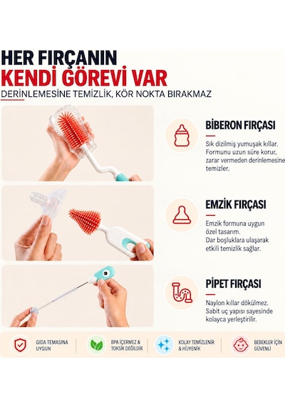 Valkyrie 3'lü Dinazor Biberon Temizleme Fırça Seti Silikon Biberon - Emzik ve Pipet Fırçası Yeşil