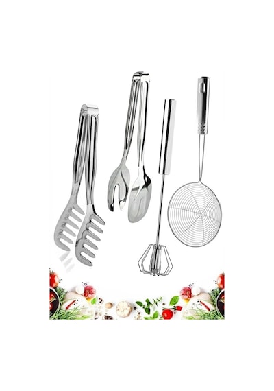 Lüks 4 Parça Paslanmaz Çelik Makarna,salata Maşası, Otomatik Çırpıcı, Kevgir Çeyizlik Mutfak Seti Pa